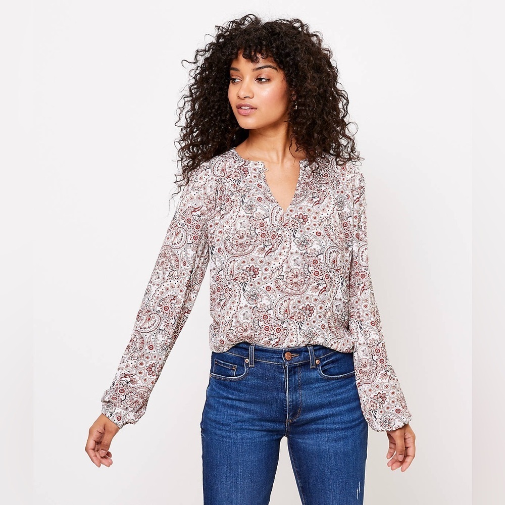LOFT Paisley Split Neck Mixed Media Blouse Small